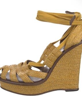 Bottega Veneta Mustard Yellow Woven Espadrille Wedge Sandals